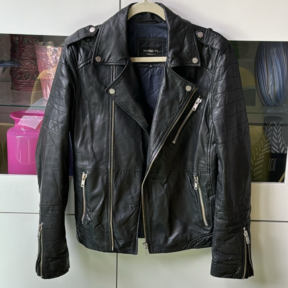 BARNEYS Originals Rare Genuine Sheepskin Leather Jacket MOTO Motorcycle Black